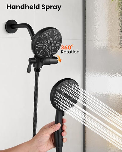 gotonovo Dual Shower Head with Valve 6 Mode Handheld Spray Matte Black | 6 Mode ABS Rain Head with Handheld Spray,2 in 1 Bathroom Trim Kit,Shower Head and Handle Set,Brass Rough-in Valve,Wall Mount