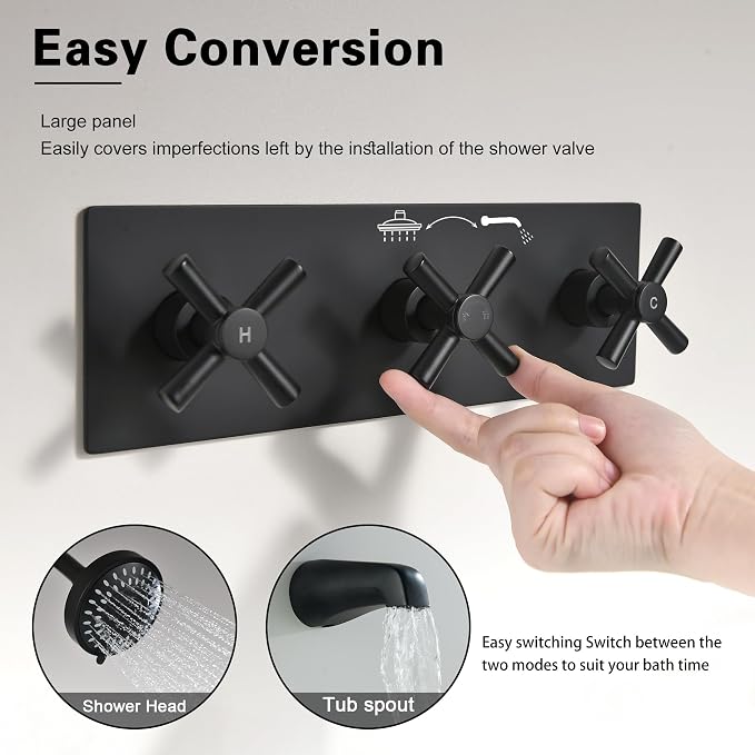 3 Handle Tub Shower Faucet Matte Black Shower Tub Faucet Set | 3 Knob Bathtub Shower Faucets Sets Complete for Bathroom Shower Trim Kit with Rough-in Valve