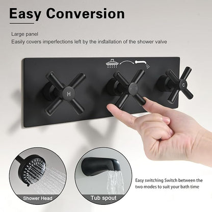 3 Handle Tub Shower Faucet Matte Black Shower Tub Faucet Set | 3 Knob Bathtub Shower Faucets Sets Complete for Bathroom Shower Trim Kit with Rough-in Valve