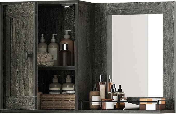 YATINEY Medicine Wall Cabinet with Mirror, Bathroom Mirror with Storage, Medicine Cabinet Mirror, Wall Mounted Home Storage, Adjustable Shelf, for Laundry Room, Bedroom, Camper, Hallway, Smoky Oak