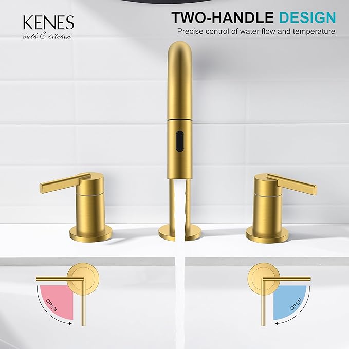 KENES Brushed Gold Pull Down Bathroom Faucet, 8 Inch 2 Handle Widespread Bathroom Faucet 3 Hole with Pull Out Sprayer, Bathroom Sink Faucet with Pop Up Drain & Supply Lines LJ-9068-4