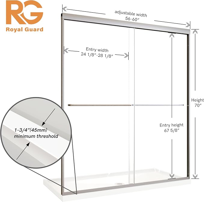 Royal Guard Double Sliding Shower Door,56-60" W x 70" H,Brush Nickel | Shower Doors with 6mm Clear SGCC Tempered Glass,Bypass Shower Enclosure,Nano Coating Easy Clean&Waterproof&Adjustable Width