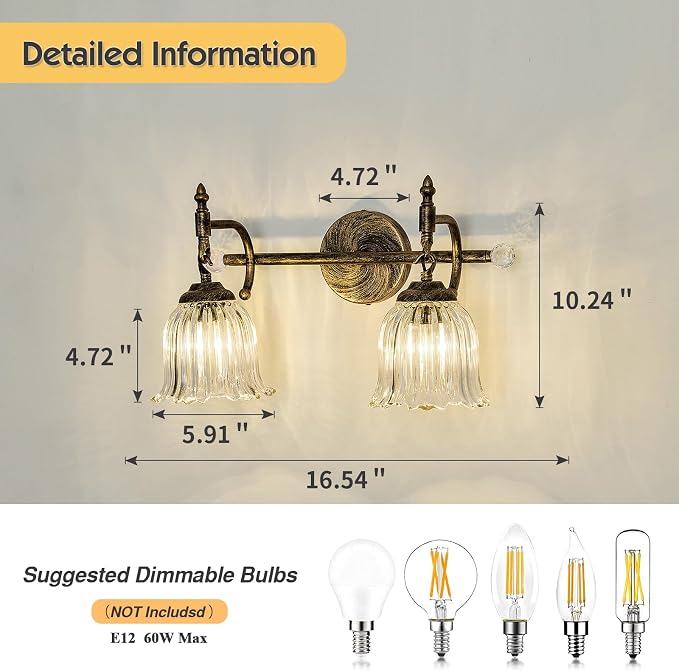 CVKASH 2-Light Bathroom Vanity Light Fixtures Over Mirror,Bronze Modern Vanity Light with Glass Shade Vintage Wall Sconce for Bedroom Dressing Room Living Room Hallway Cabinet