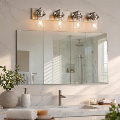 4-Light Bathroom Light Fixtures, Brushed Nickel Vanity Lights | Modern Bathroom Lighting Fixtures Over Mirror, Vanity Lights for Bathroom, Mirror, Restroom, Bedroom, E26
