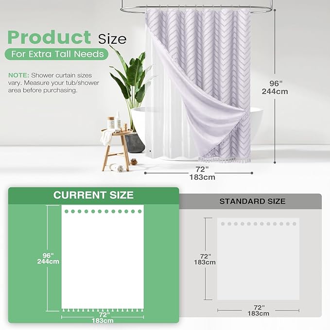 Dynamene Extra Long Shower Curtain and Liner Set - 96 inch Tall Boho Shower Curtain and Waterproof Clear Liner, Tufted Chevron Striped Tassel Shower Curtains for Bathroom, 12 Hooks, 72x96, Lavender