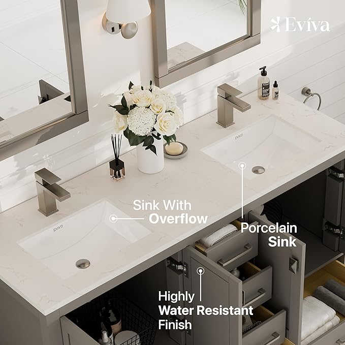 Eviva London 60 in. Gray Double Sink Bath Vanity with Carrara Quartz Top and Undermount Porcelain Sinks