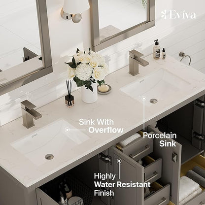 Eviva London 60 in. Gray Double Sink Bath Vanity with Carrara Quartz Top and Undermount Porcelain Sinks