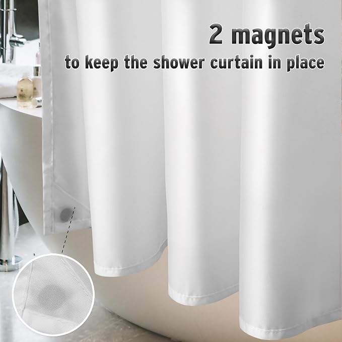 Titanker Fabric Shower Curtain Liner Washable, 72 x 65 Inches, White Shower Liner Fabric with 2 Magnets, Bathroom Polyester Shower Liner Waterproof Soft Lightweight, White