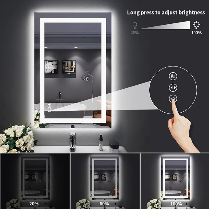 LOAAO 24"X36" LED Bathroom Mirror with Lights, UL Listed | Anti-Fog, Dimmable, 3 Color Temperature, Backlit + Front Lit, Memory Function, Tempered Glass