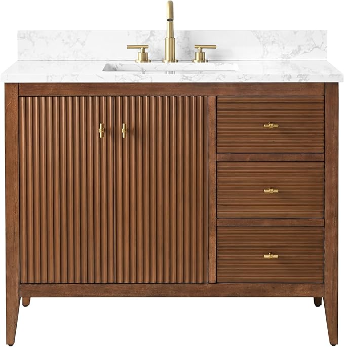 Vanity Art 42 inch Bathroom Vanity with Single Sink & Ceramic Top, Vanity Cabinet with Soft-Closing Door, Solid Wood Frame, Linear Pattern, Walnut, Golden Brushed Handware VA9142-Walnut-GB