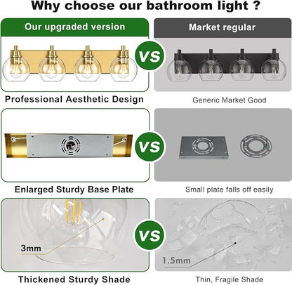 IZORRO Bathroom Light Fixtures, 4-Light Brushed Gold Vanity Light, Modern Wall Sconces with Globe Clear Glass Shade, Vanity Lighting Fixtures Over Mirror,E26 Bulb Socket