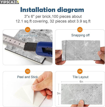 Yipscazo 2026 New Upgrade Peel and Stick backsplash 3 x 6 Inches, Backsplash Tile Peel and Stick Tile for Kitchen, Bathroom, Laundry Room, Fireplace(Polished Marble Gray, 100 Pieces)