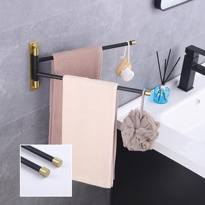 GERZWY Bathroom Swing Arm Towel Bars 2-Arm Wall Mount Stainless Steel Bath Towel Rack Hanger Towel Holder Organizer (Black & Gold) HYG02-BD