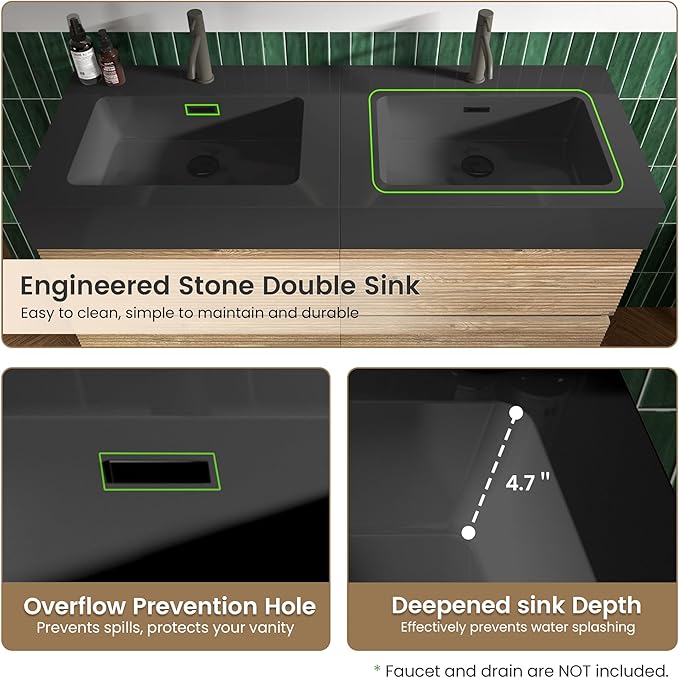 48" Floating Bathroom Vanity with Black Sink Combo, Modern Floating Double Sink Bathroom Vanity with Solid Surface Tops & 4 Soft-Closing Drawers, Large Storage for Apartment, Hotel, Rough Oak
