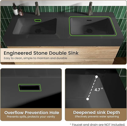 48" Floating Bathroom Vanity with Black Sink Combo, Modern Floating Double Sink Bathroom Vanity with Solid Surface Tops & 4 Soft-Closing Drawers, Large Storage for Apartment, Hotel, Rough Oak