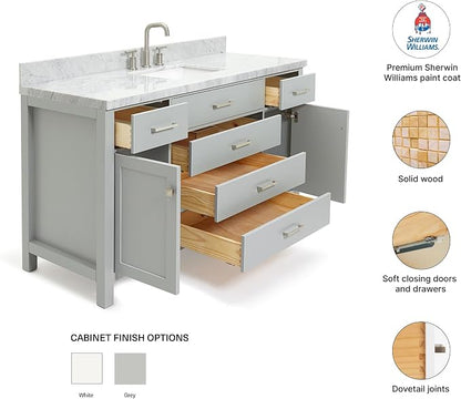 Alenza 60 Inch Bathroom Vanity Single Sink — Grey Bathroom Vanity with Sink, 1.5" Edge Italian Carrara Marble Countertop & Backsplash, 2 Soft-Close Doors, 5 Dovetail Drawers