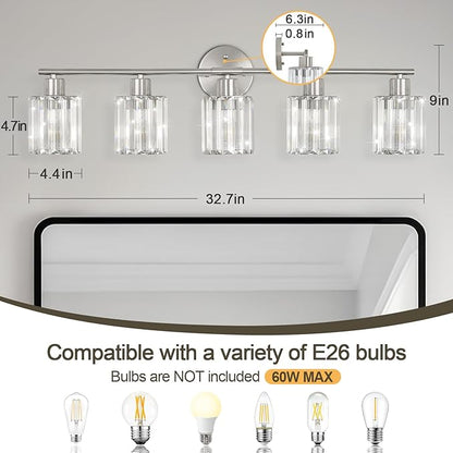 Crystal Bathroom Light Fixtures,Bathroom Lighting Fixtures Over Mirror, Modern 5-Light Brushed Nickel Vanity Lights for Mirror, Restroom,Kitchen(Ceramic E26 Socket,Bulbs Not Include)