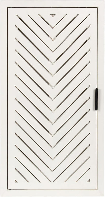 Kate and Laurel Mezzeta Decorative Modern One-Door Floating Bathroom Cabinet, 15 x 7 x 28, White, Decorative Over Toilet Storage Cabinet Made from Solid Mango Wood with Slatted Chevron Design