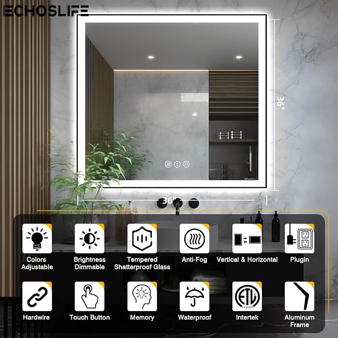 EchosLife 36x36 Square LED Bathroom Mirror - Black Aluminum Framed | Black Frame, Front and Backlit, Anti-Fog, Stepless Dimmable, 3 Colors, Memory, Tempered Glass, UL Listed, Horizontal/Vertical