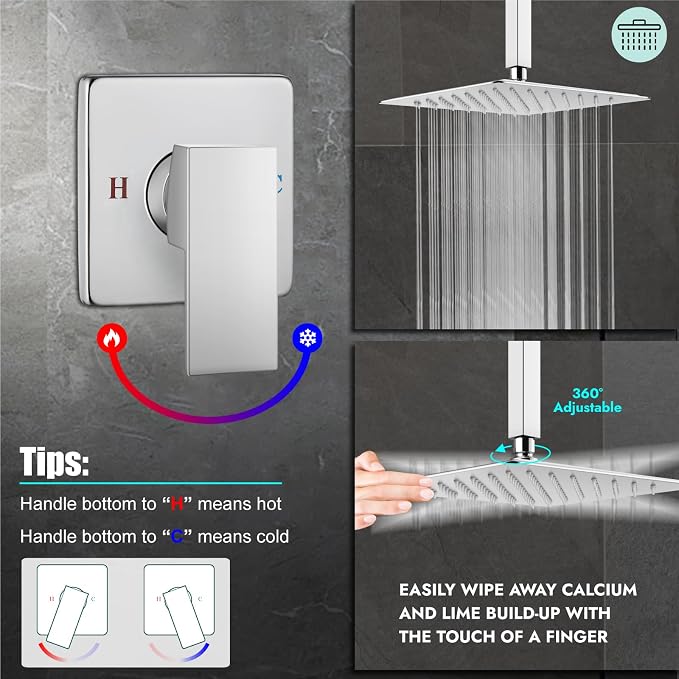 Heyalan 10-Inch Ceiling Mount Shower Faucet Set with Valve, Polish Chrome | Rainfall shower head, ceiling-mount design, SUS304 steel, adjustable angle, single-handle control