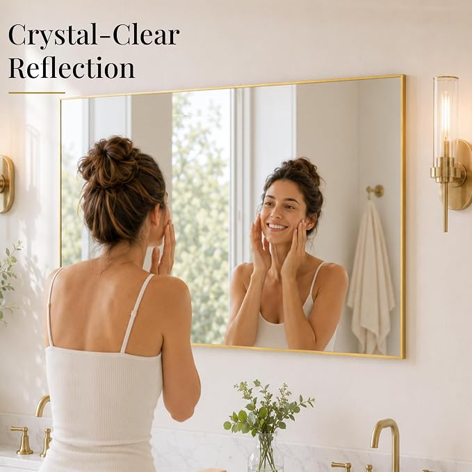 48"x30" Brushed Gold Large Framed Bathroom Vanity Wall Mirror | Large Vanity Wall Mirror, Slim Metal Frame, Dresser or Sideboard Use, Vertical/Horizontal Mount, Tempered Glass