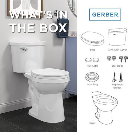 Gerber Maxwell Crest Round Two-Piece Toilet, Soft-Close Seat, White | Efficient flush clears the bowl with ease | Tool-free install kit with wax ring included | Glazed trapway prevents clogs