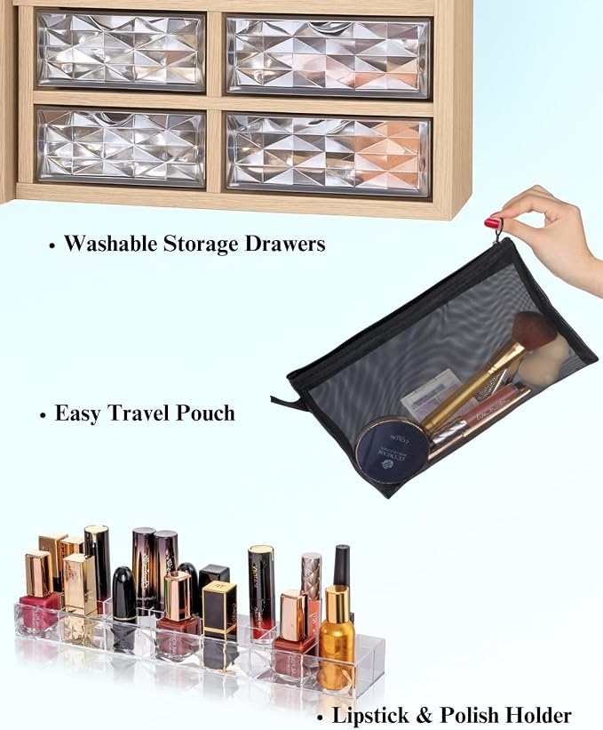 LUXFURNI 62.6" Standing Jewelry Armoire Cabinet with Storage Mirror | Built‑in LED Makeup Mirror, 3 Tilt Angles, 48H Runtime with 6AA Batteries, Acrylic Lipstick Tray, Engineered Wood for Bedroom