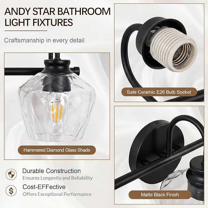 Matte Black Vanity Light, 3 Light Bathroom Light Fixtures with Clear Diamond-Shape Hammered Glass, Black Vintage Ripple Wall Lights for Hallway, Bedroom, Anti-Rust, E26 Base (No Bulbs)