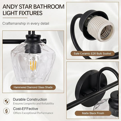 Matte Black Vanity Light, 3 Light Bathroom Light Fixtures with Clear Diamond-Shape Hammered Glass, Black Vintage Ripple Wall Lights for Hallway, Bedroom, Anti-Rust, E26 Base (No Bulbs)