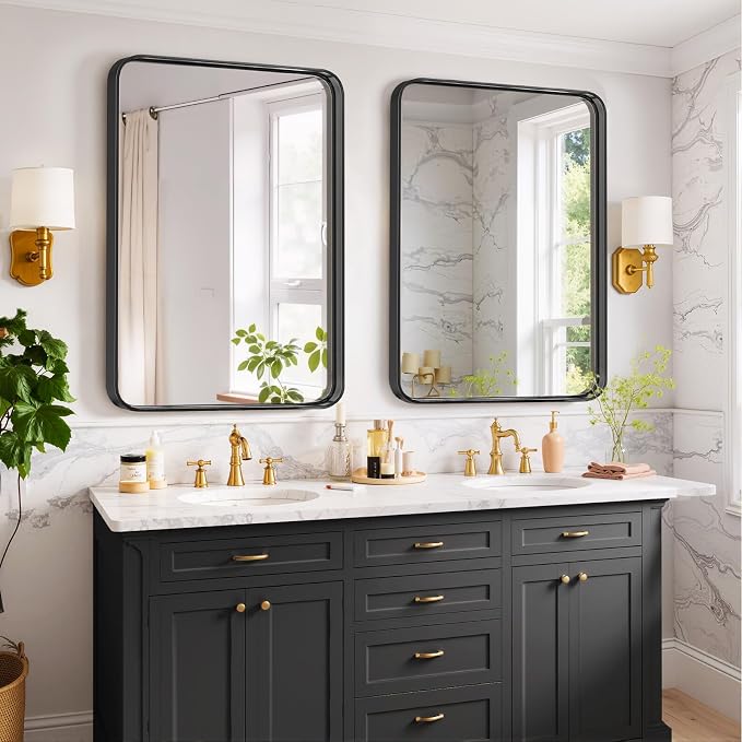 Bathroom Mirror 36x24 Inch Black Metal Frame Rectangle Vanity Mirror | Modern Wall Mounted Anti-Rust Mirror with Rounded Corners for Farmhouse, Restroom, Entryway, Horizontal or Vertical Hanging