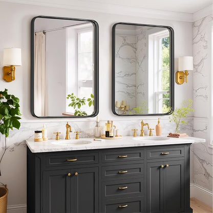 Bathroom Mirror 36x24 Inch Black Metal Frame Rectangle Vanity Mirror | Modern Wall Mounted Anti-Rust Mirror with Rounded Corners for Farmhouse, Restroom, Entryway, Horizontal or Vertical Hanging