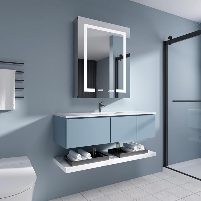 LED Medicine Cabinet 24x30 Anti-Fog Mirror Dimmable Recessed Mount | 3 Color Dimmable LED. Time Temp Display. Anti-Fog IP44. 2 Outlets+2 USB. Plug-in/Hardwired. Recessed/Wall Mount. Right Hinge.