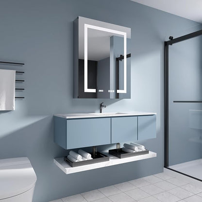 LED Medicine Cabinet 24x30 Anti-Fog Mirror Dimmable Recessed Mount | 3 Color Dimmable LED. Time Temp Display. Anti-Fog IP44. 2 Outlets+2 USB. Plug-in/Hardwired. Recessed/Wall Mount. Right Hinge.