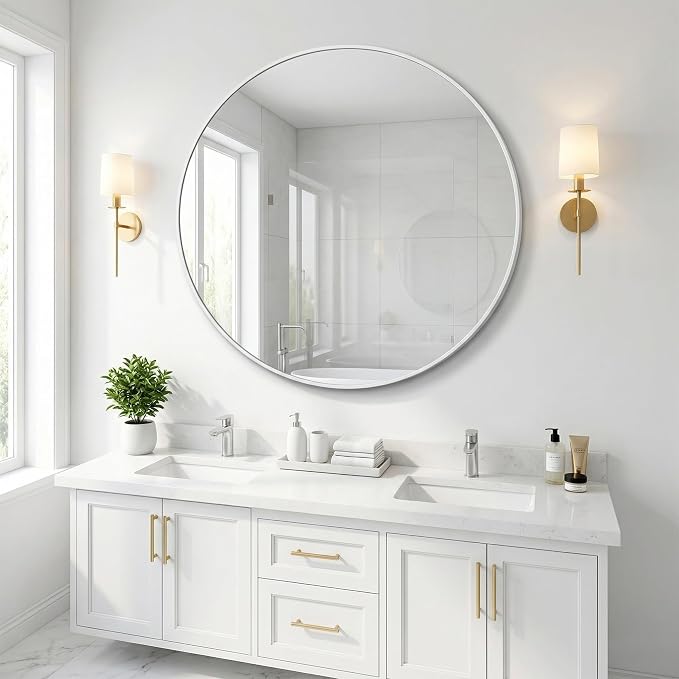 HARRITPURE 24 Inch Round Mirror White Circle Bathroom Mirror | Modern Aluminum Alloy Frame Wall Mounted Vanity Mirror for Living Room, Bedroom, Entryway