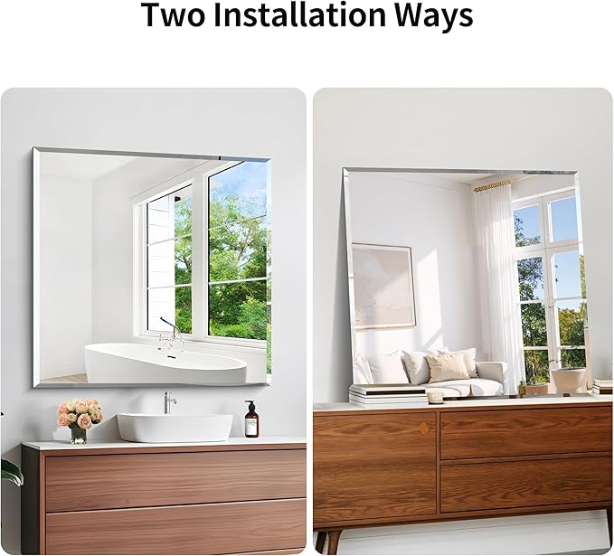 KOCUUY Beveled Mirror, 42x42 Inch Large Frameless Square Bathroom Mirror for Over Sink, Upgraded Shatterproof Beveled Unframed Design Mirror for Bathroom, Bedroom, Hang Horizontal/Vertical