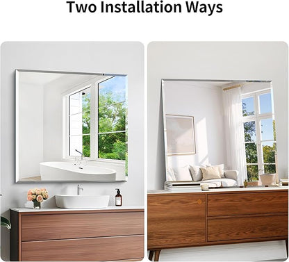KOCUUY Beveled Square Mirror, 24x24 Inch Frameless Bathroom Mirror for Over Sink, Upgraded Shatterproof Beveled Unframed Design Mirror for Bathroom, Bedroom, Hang Horizontal/Vertical