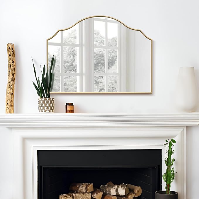 Besdomus Gold Wooden Vanity Mirror: 32"x24" Bathroom Mirrors for Over Sink | Scalloped Modern Minimalist Decorative Wall Mirror for Dresser/Mantel/Bedroom/Entryway/Fireplace/Nightstand/Dining Room
