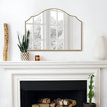 Besdomus Gold Wooden Vanity Mirror: 32"x24" Bathroom Mirrors for Over Sink | Scalloped Modern Minimalist Decorative Wall Mirror for Dresser/Mantel/Bedroom/Entryway/Fireplace/Nightstand/Dining Room