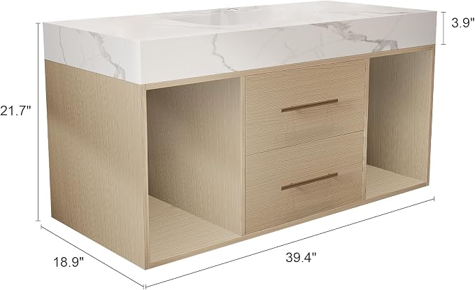 KEIKI 39.4" Bathroom Vanity with Undermount Sink Combo, Modern Floating Vanity Cabinet with 2 Drawers & Open Side Shelves, Storage Wall Mounted Cabinet for Small Space, Apricot‌