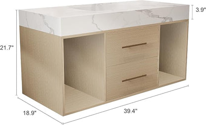 KEIKI 39.4" Bathroom Vanity with Undermount Sink Combo, Modern Floating Vanity Cabinet with 2 Drawers & Open Side Shelves, Storage Wall Mounted Cabinet for Small Space, Apricot‌