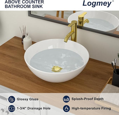 Logmey 16" Round Bathroom Sink 16x16 Small White Vessel Sink Modern Above Counter Porcelain Ceramic Vessel Vanity Sink Bowl for Bathroom