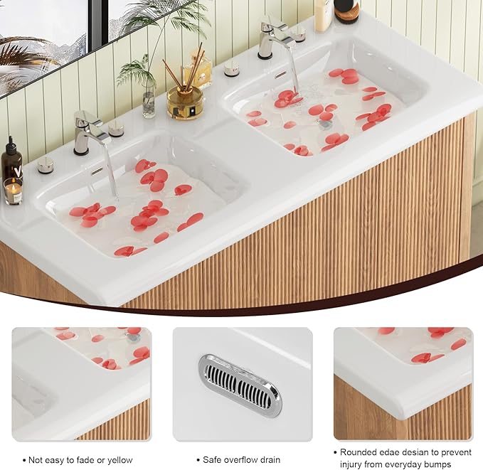48 Inch Bathroom Vanity with Double Sink, Modern Thickened Wood Bathroom Storage Cabinet, Freestanding Storage Bathroom Vanity with 4 Doors, Nature Wood