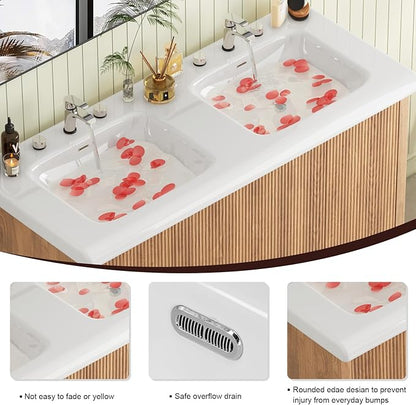 48 Inch Bathroom Vanity with Double Sink, Modern Thickened Wood Bathroom Storage Cabinet, Freestanding Storage Bathroom Vanity with 4 Doors, Nature Wood