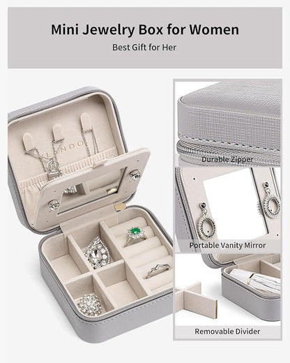 VLANDO Small Travel Jewelry Box Organizer - Display Case for Girls Women Gift Rings Earrings Necklaces Storage with Mirror Grey | Necklace Hook for Anti-tangle, Removable Dividers, Waterproof PU Leather,Portable Storage for Rings, Necklace Gifts for Women