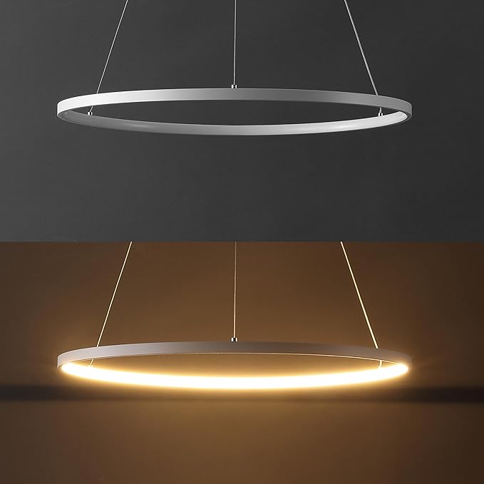JONATHAN Y 23.75" Matte White Modern Integrated LED Pendant Light, Dimmable Round Hoop Chandelier for Kitchen Island, Dining Room, Adjustable Height Metal Hanging Light (JYL7203I)