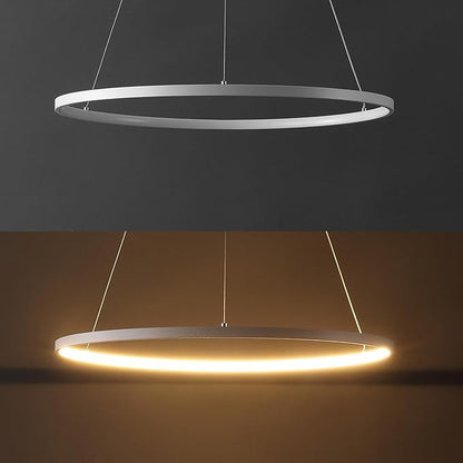 JONATHAN Y 23.75" Matte White Modern Integrated LED Pendant Light, Dimmable Round Hoop Chandelier for Kitchen Island, Dining Room, Adjustable Height Metal Hanging Light (JYL7203I)