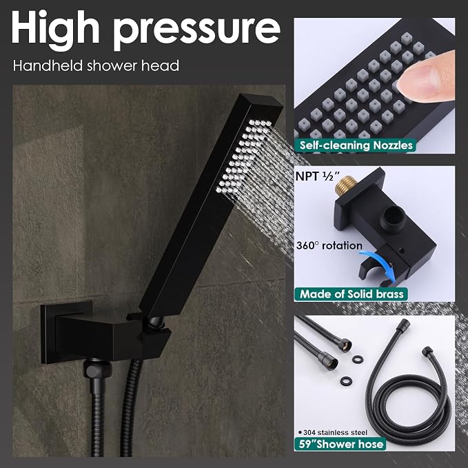 Matte Black LED Spa Shower System Rainfall Waterfall with Handheld | 20x14-Inch Luxury 2 Modes Showerhead with Ligh t Remote Control, 3 Way Mixer Valve