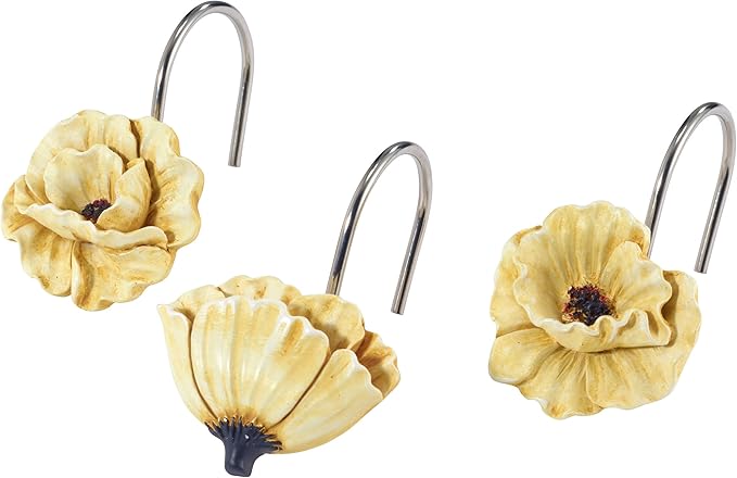 Avanti Linens - Shower Curtain Hooks, 100% Hand Painted Resin Design with Metal Hooks, Botanical Home Decor, Set of 12 (Marielle)