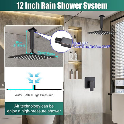 Heyalan12-Inch Ceiling Mount Shower Faucet Set with Valve,Oil Rubbed Bronze | Rainfall shower head, ceiling-mount design, SUS304 steel, adjustable angle, single-handle control