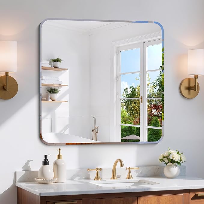 CILIBER Beveled Mirror, 30x30 Square Bathroom Mirror Rounded Corner, 3mm Tempered Glass, 18 inch Frameless Vanity Mirror with Beveled Edge for Bathroom, Bedroom, Living Room and Entryway